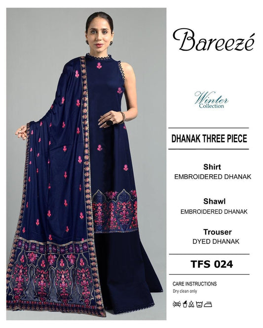 Bareeze 3PC Winter Embroidered Dhanak Dress with Embroidered Dhanak Shawl