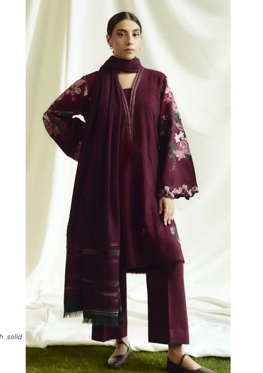 Coco By Zara - Dhanak Embroidered 3pc dress with Embroidered shawl. CF_7