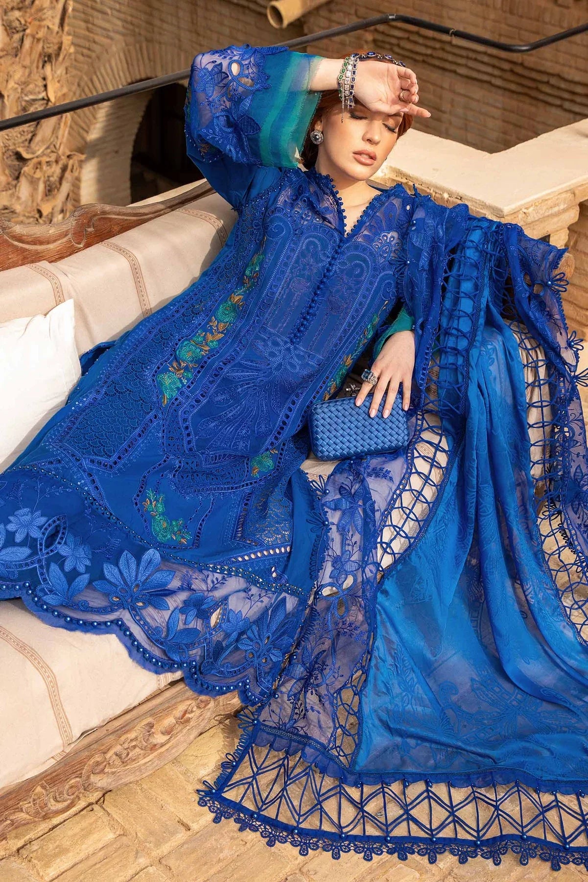 Maria B Luxury Lawn Embroidered Dress With Embroidered Dupatta-Prime Blue