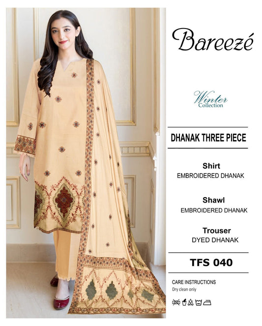 Bareeze 3PC Embroidered Dhanak dress with Heavy Embroidered Shawl