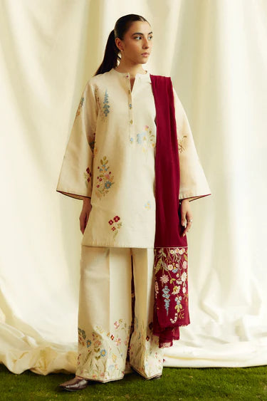 Coco By Zara - Dhanak Embroidered 3pc dress with Embroidered shawl. CF_14