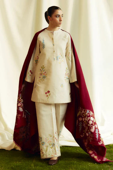 Coco By Zara - Dhanak Embroidered 3pc dress with Embroidered shawl. CF_14