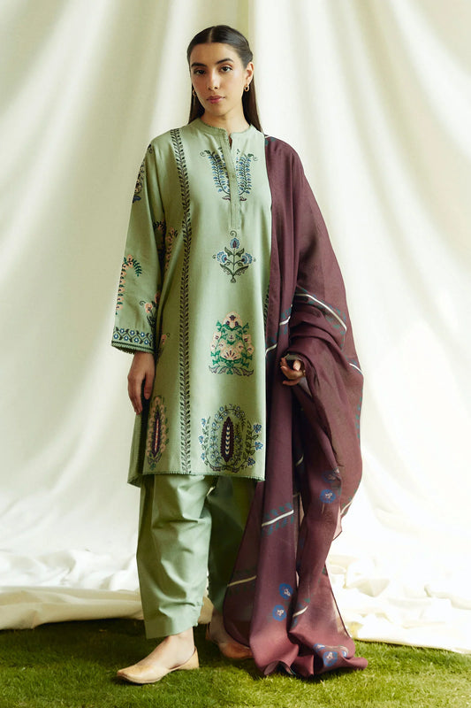 Coco By Zara - Dhanak Embroidered 3pc dress with Embroidered shawl. CF_5