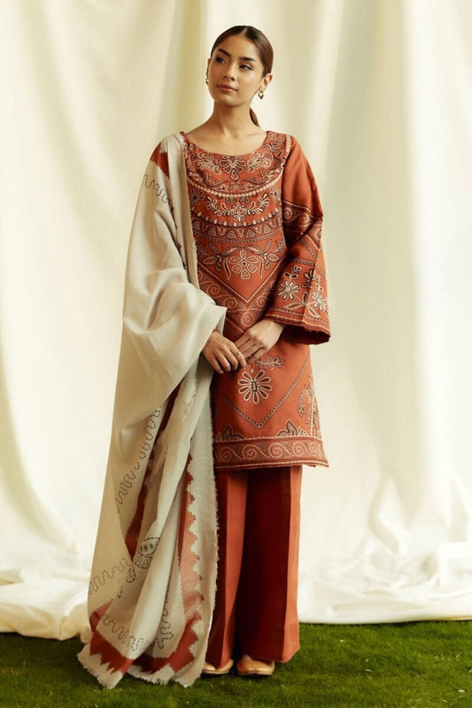 Coco By Zara - Dhanak Embroidered 3pc dress with Embroidered shawl. CF_12