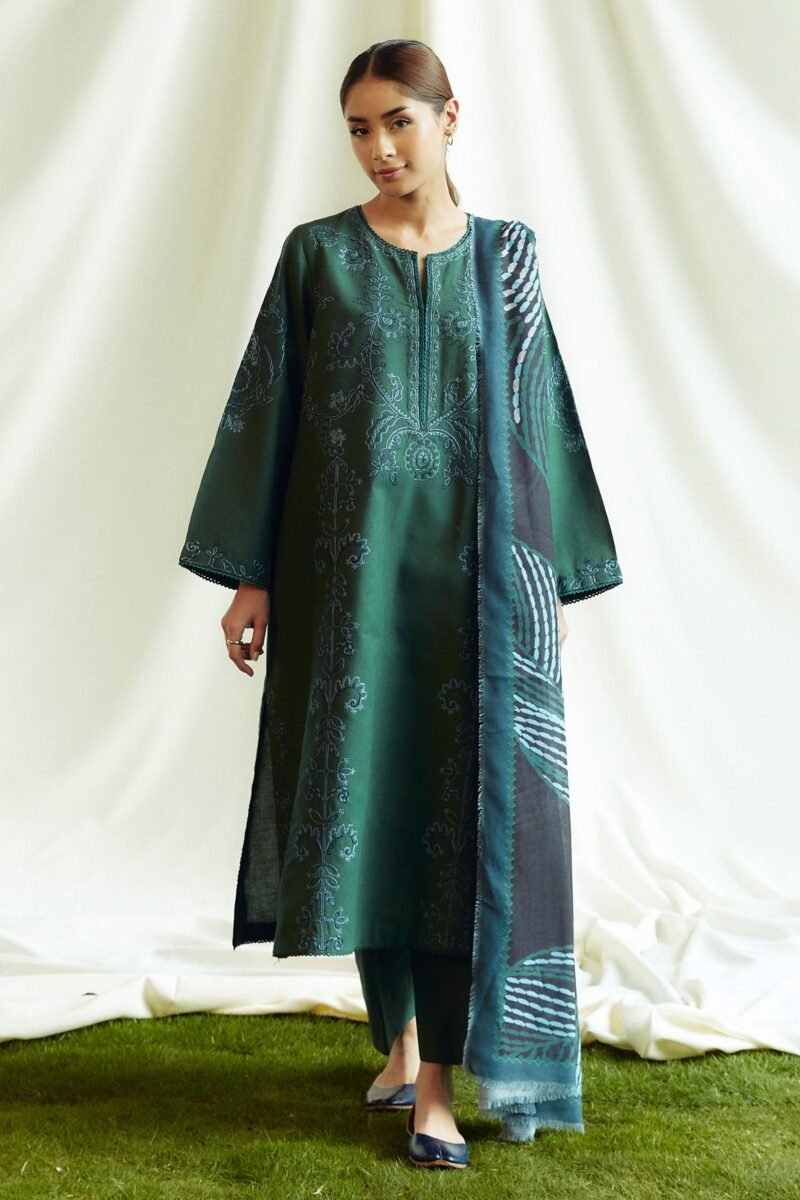 Coco By Zara - Dhanak Embroidered 3pc dress with Embroidered shawl. CF_10