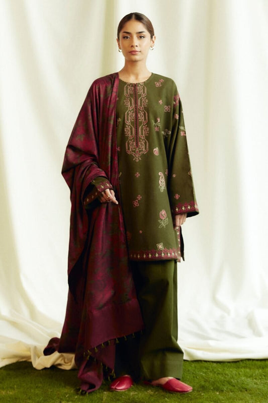 Coco By Zara - Dhanak Embroidered 3pc dress with Embroidered shawl. CF_16