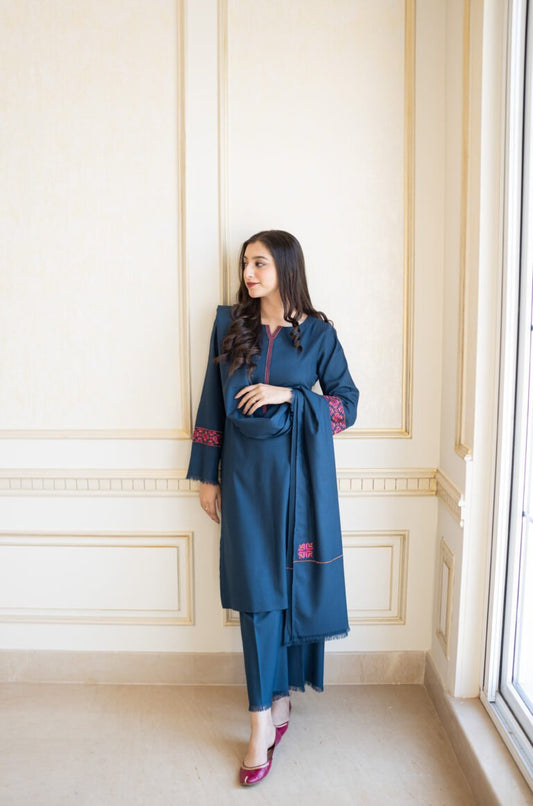 Aisling - 3PC Dhanak Embroidered Shirt with Embroidered Shawl-Blue