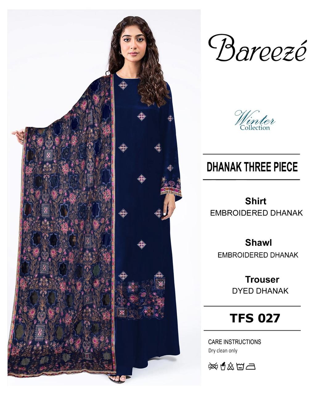 Bareeze 3 piece embroidered dhanak dressw with embroidered shawl