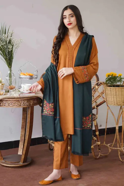 DHANAK 3 PIECE EMBROIDERED SUIT WITH DHANAK SHAWAL